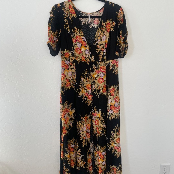 Floral Slit Puff Floral Witch Maxi Button FP Boho Bohemian Chic Summer Dress - Picture 3 of 7